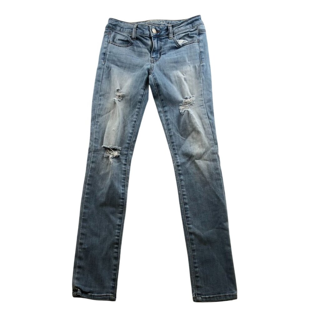 American Eagle Womens Jeans Size 2 Slim Straight Jeggings Distressed Blue Denim